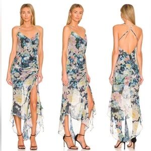 SAU LEE SAULEE Frieda Floral Midi Dress in Blue Multi Print Cowl Neckline Sz 8